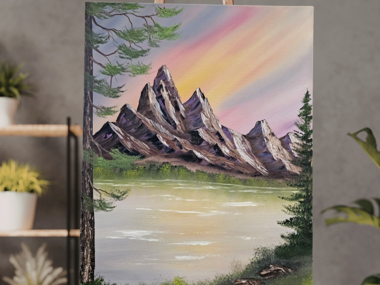 Mountain Glow — sunset mountains and lake painting