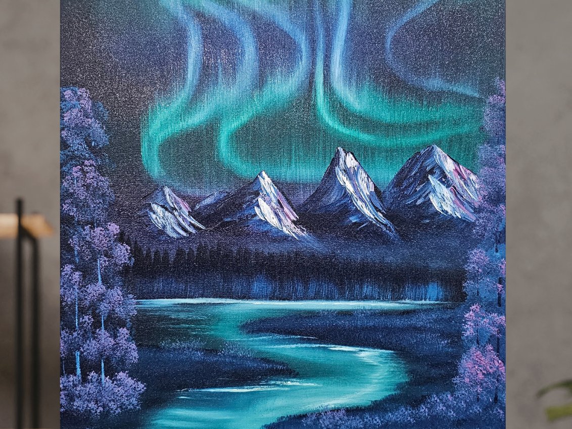 Northern Lights aurora painting — mountains and river