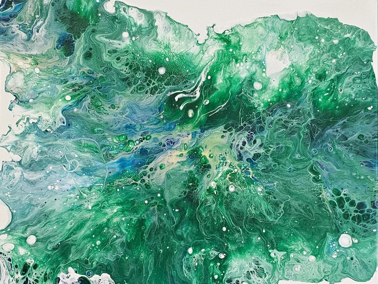 Acrylic paint pour — abstract green and blue cells