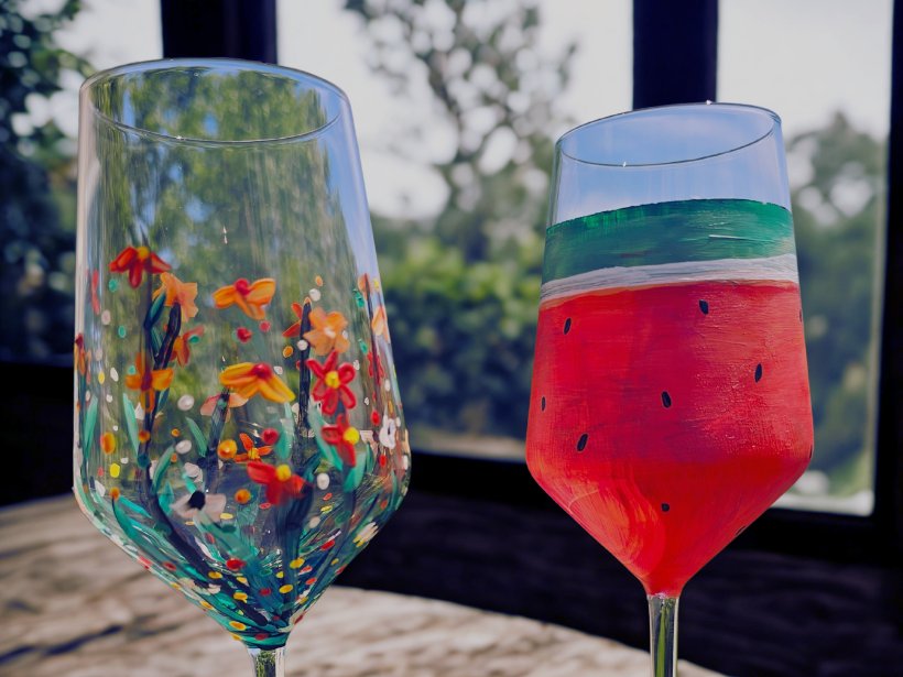 Hand-painted wine glasses — wildflower and watermelon designs
