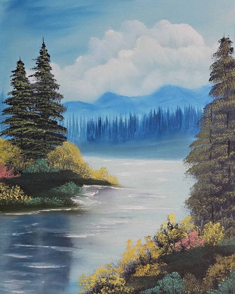 Autumn river with evergreens and blue mountains painting