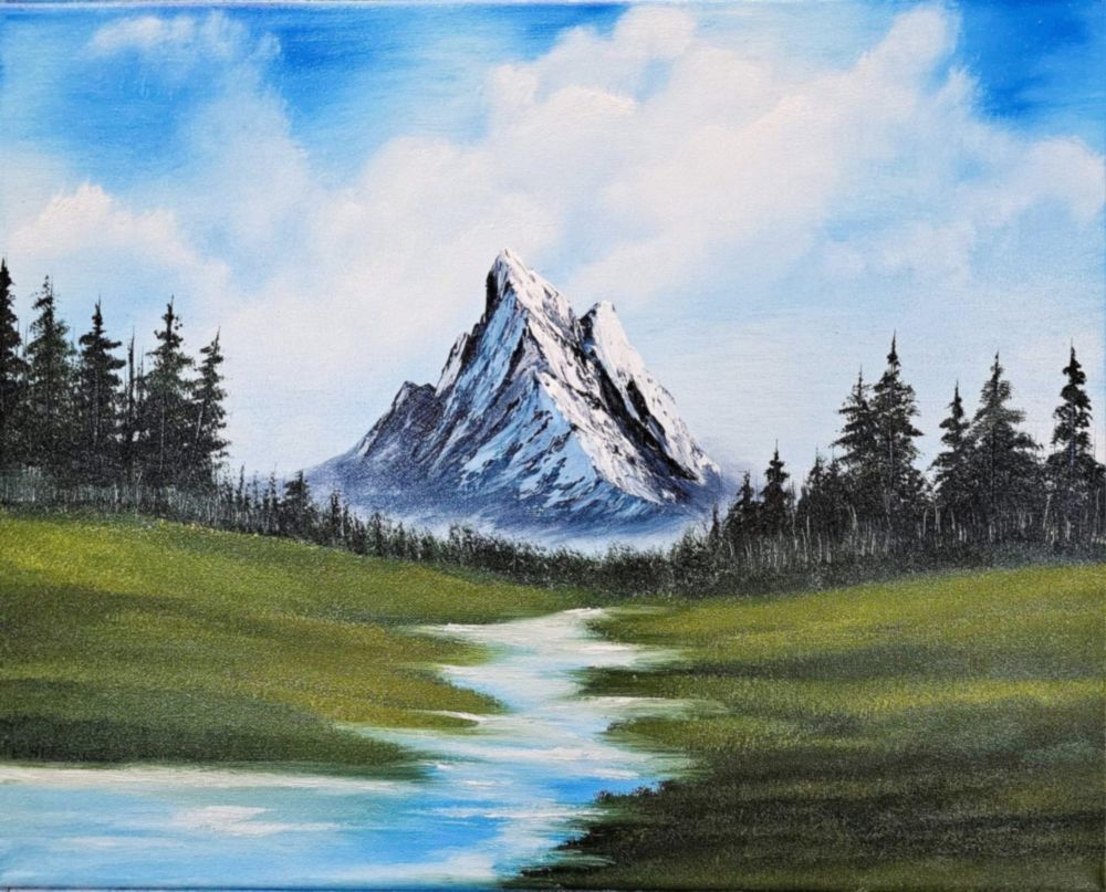 Mountain and meadow stream painting