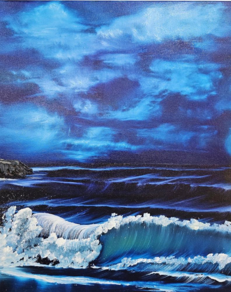 Ocean wave at night painting