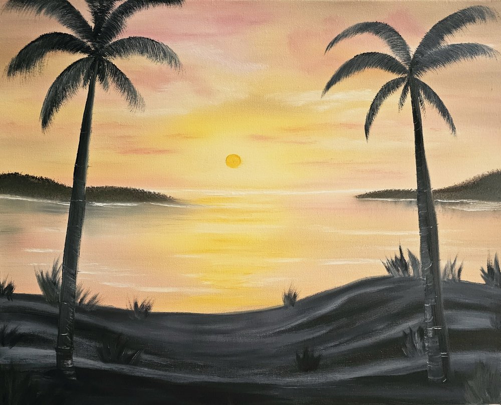 Palm trees at sunset over the water painting
