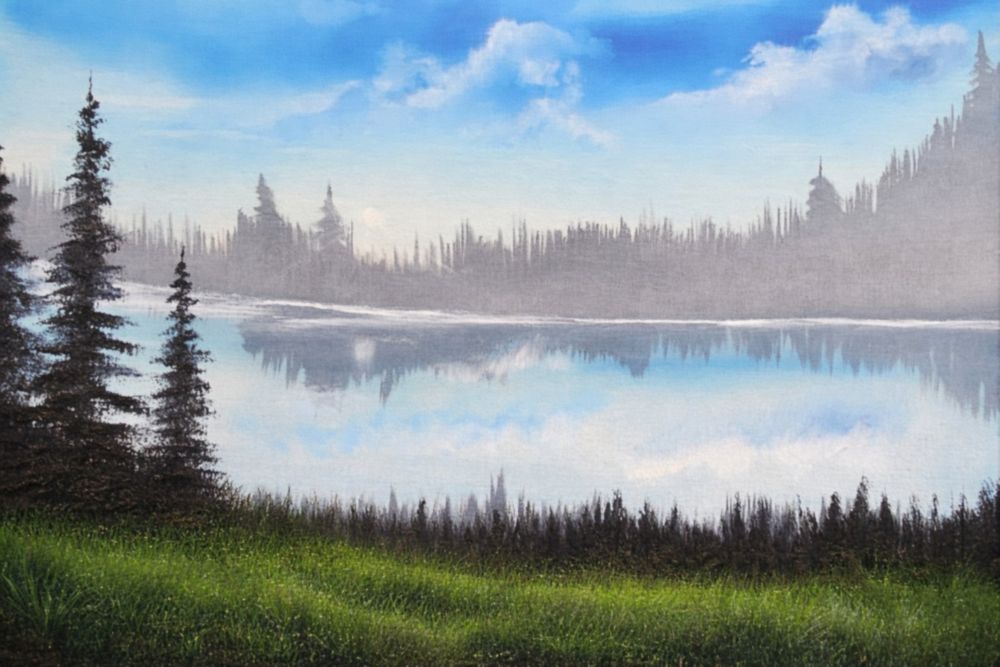Sunset over water painting
