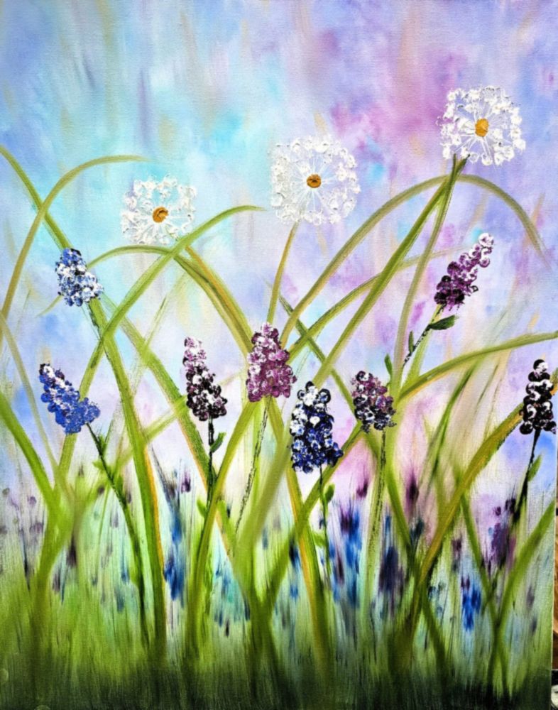 Wildflowers against a pastel sky painting