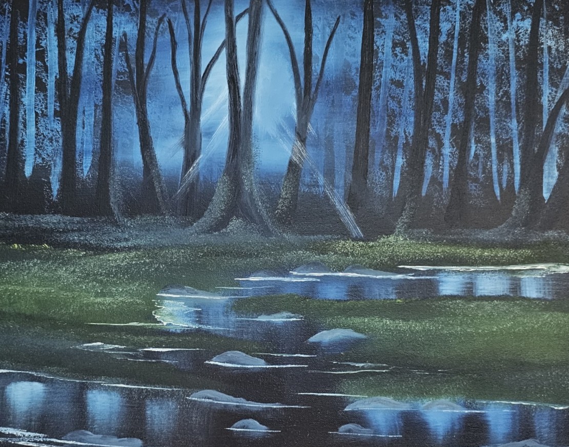 Moonlit Forest Stream — original oil painting by Crystal