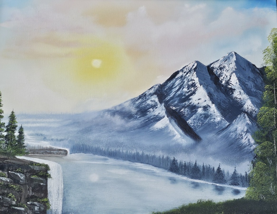 Original oil painting by Crystal — sunlit mountain river