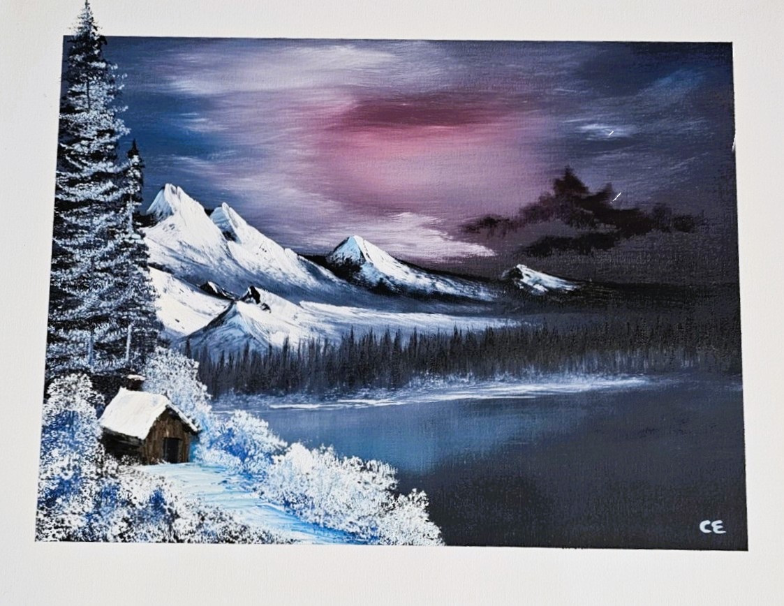 Cabin by the Winter Lake — original oil painting by Crystal