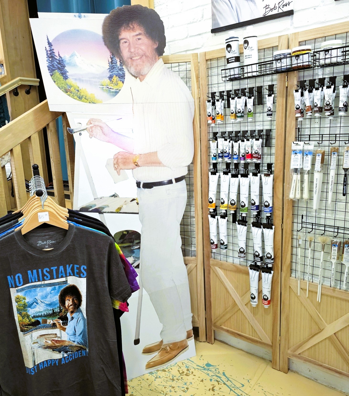 Bob Ross-style shirts and gifts at the studio